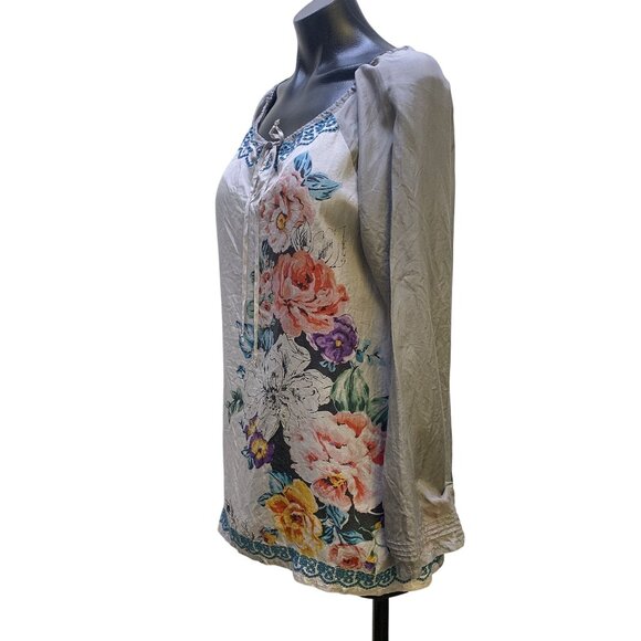 Johnny Was Grey & Multicolored Print Silk Blouse, Size Small - Picture 4 of 8